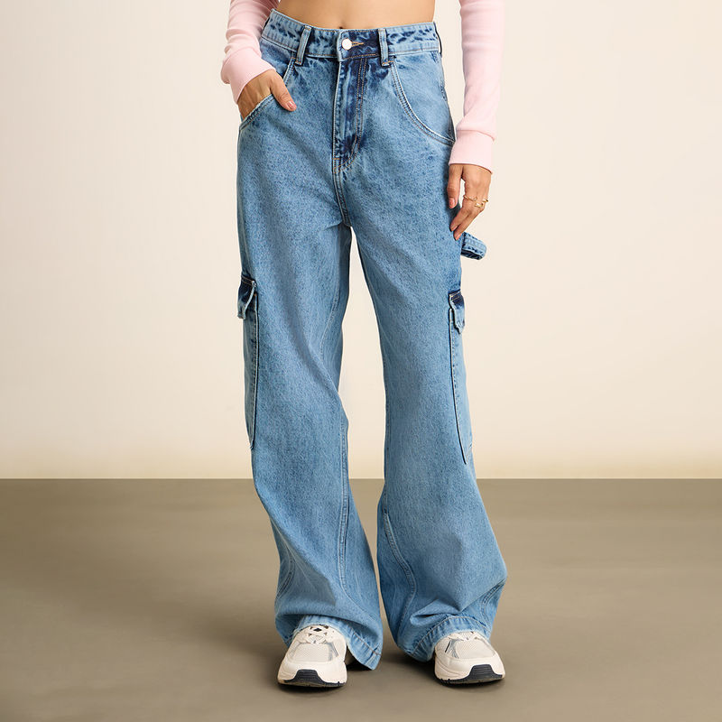 Twenty Dresses by Nykaa Fashion Mid Blue Wide Leg High Waist Loose Fit Denims (26)