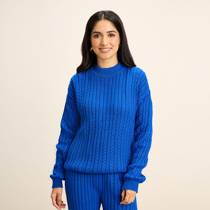 Twenty Dresses by Nykaa Fashion Cobalt Blue Solid High Neck Sweater (2XL)