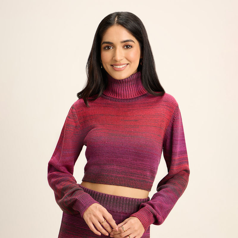Twenty Dresses by Nykaa Fashion Pink and Grey Ombre Turtle Neck Fitted Crop Sweater Top (S)