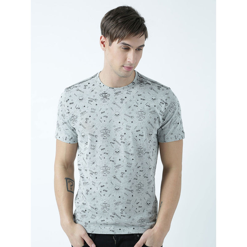 Huetrap Mens Printed Round Neck Grey T-Shirt (S)