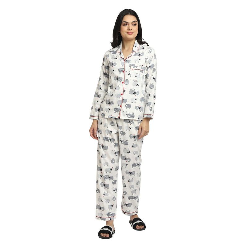 Shopbloom Sheep Print Cotton Flannel Long Sleeve Women'S Night Suit - White (XL)