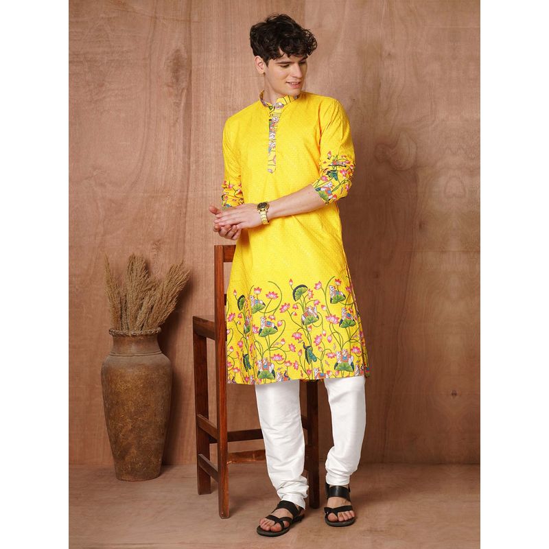 TRYBUY.IN Yellow Floral Full Sleeves Kurta with Pyjama (2XL)