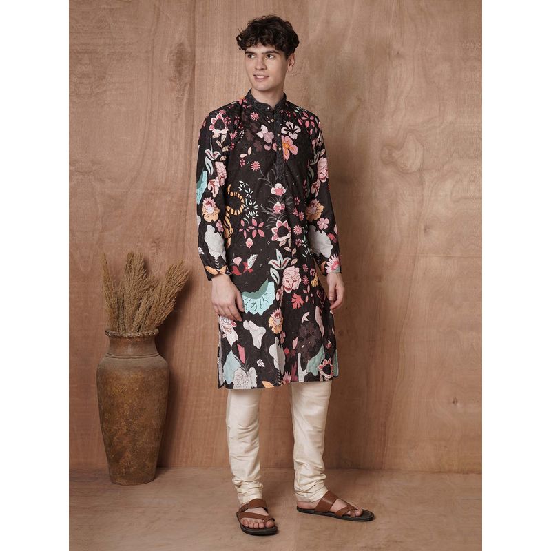 TRYBUY.IN Black Floral Full Sleeves Kurta with Pyjama (L)