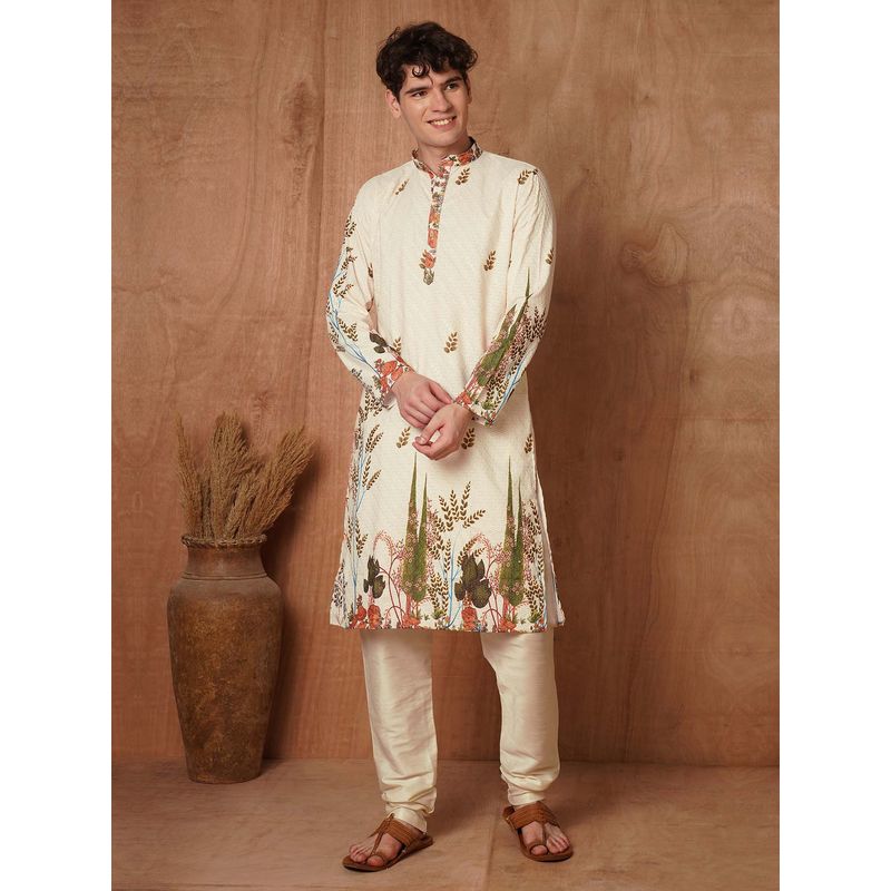 TRYBUY.IN Cream Printed Full Sleeves Kurta with Pyjama (L)