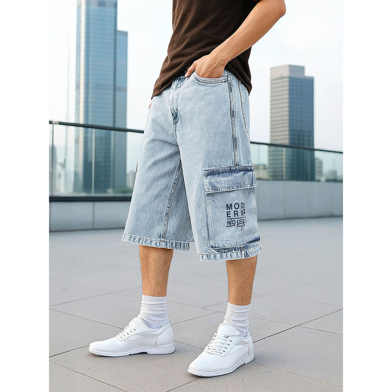 Bewakoof Men's Light Blue Washed Baggy Fit Cargo Shorts (M)