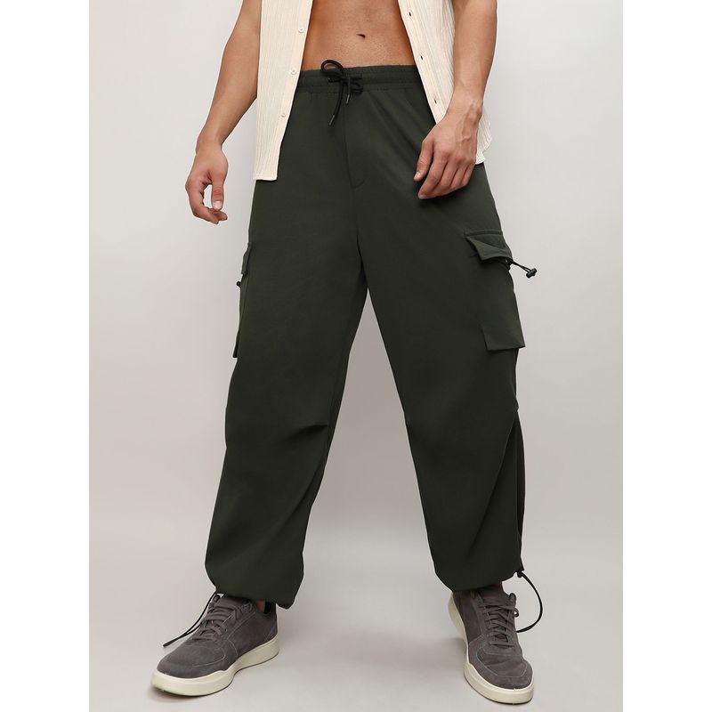 Campus Sutra Mens Forest Green Solid Cargo Parachute Jogger (S)