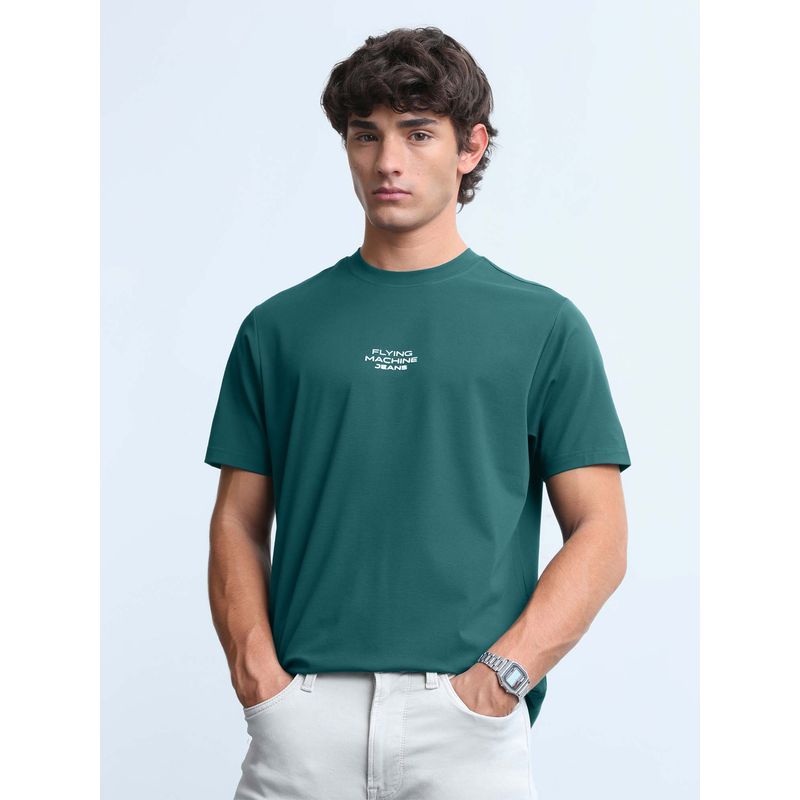 Flying Machine Green Solid Rayon Regular Fit T-Shirt (L)