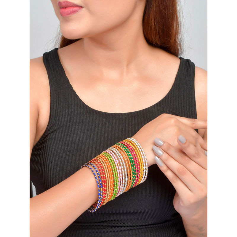 Shoshaa Gold Plated Handcrafted Multi Color Thread Bangles (Set of 24) (2.8)
