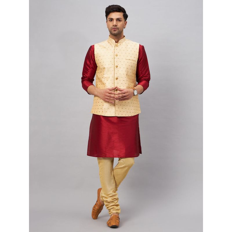 Vastramay Men Maroon And Gold Silk Blend Jacket, Kurta and Pyjama (Set of 3) (S)