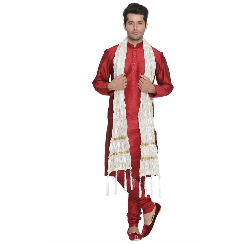 Vastramay Men Maroon Silk Blend Kurta, Pyjama & Dupatta (Set of 3) (S)