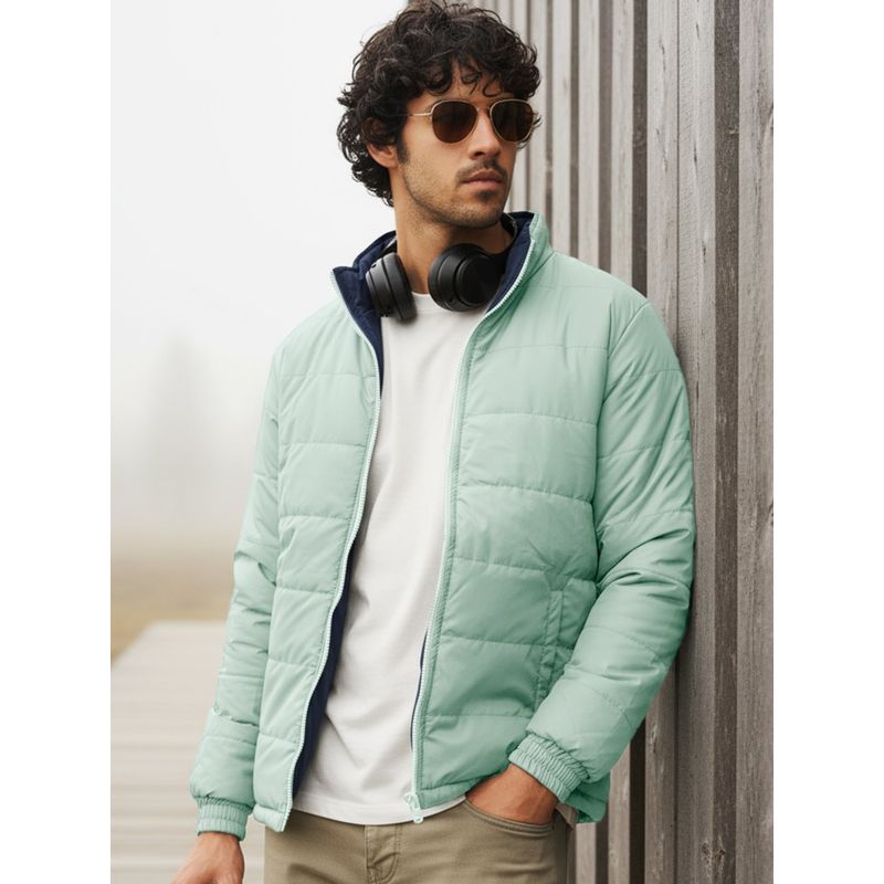 Bewakoof Men's Blue and Sage Reversible Puffer Jacket (XL)