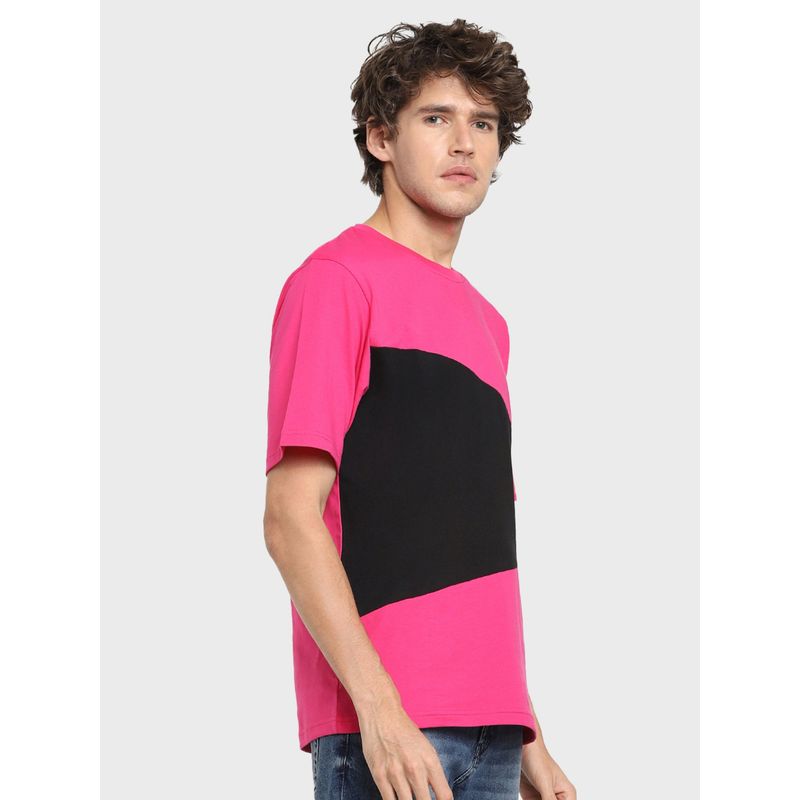 Bewakoof Men's Pink & Black Color Block Oversized T-shirt (M)