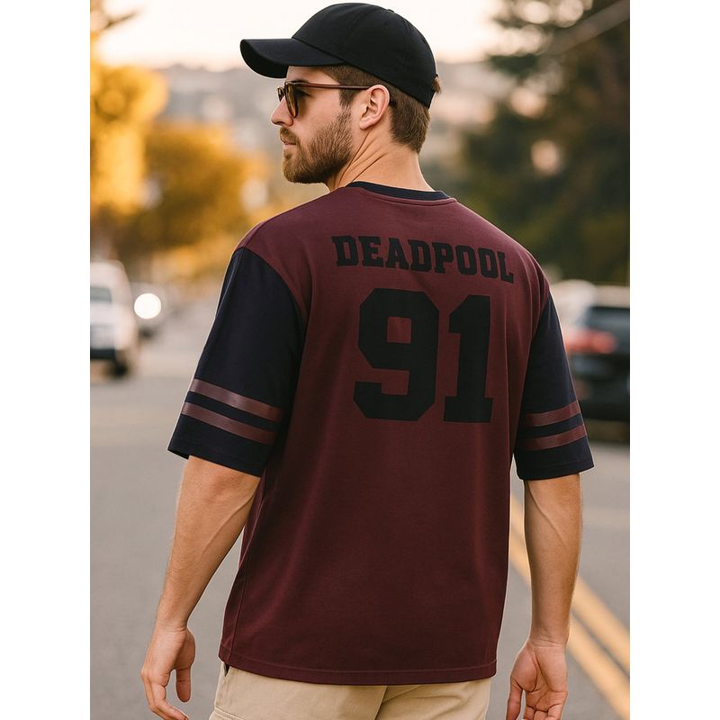 Bewakoof Official Marvel Men's Maroon Dead Pool Jersey Graphic Printed Oversized T-shirt (S)