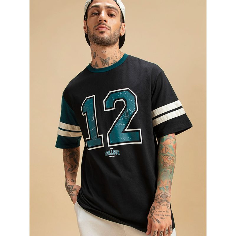 Bewakoof Men's Black Varsity 12 Typography Oversized T-shirt (S)