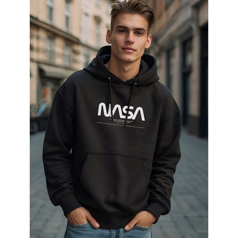 Bewakoof Official Nasa Men's Black I Need My Space Typography Oversized Hoodies (L)