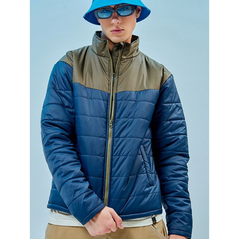 Bewakoof Men's Blue & Green Color Block Oversized Puffer Jacket (M)