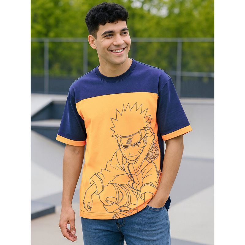Bewakoof Official Naruto Men's Blue & Orange Ninja Way Graphic Printed Oversized T-shirt (S)