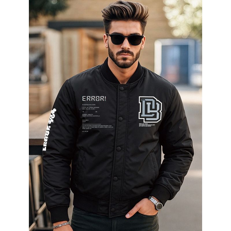 Bewakoof Men's Black Error Typography Oversized Bomber Jacket (XL)