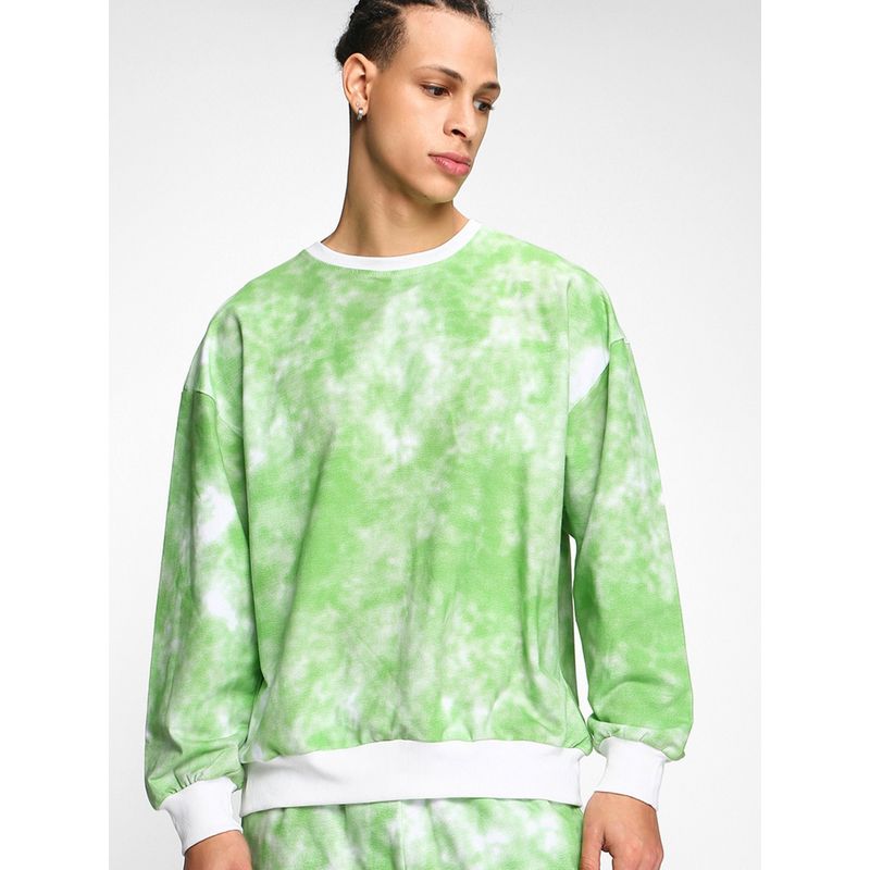 Bewakoof Men's Green & White Tie & Dye Oversized Sweatshirt (S)