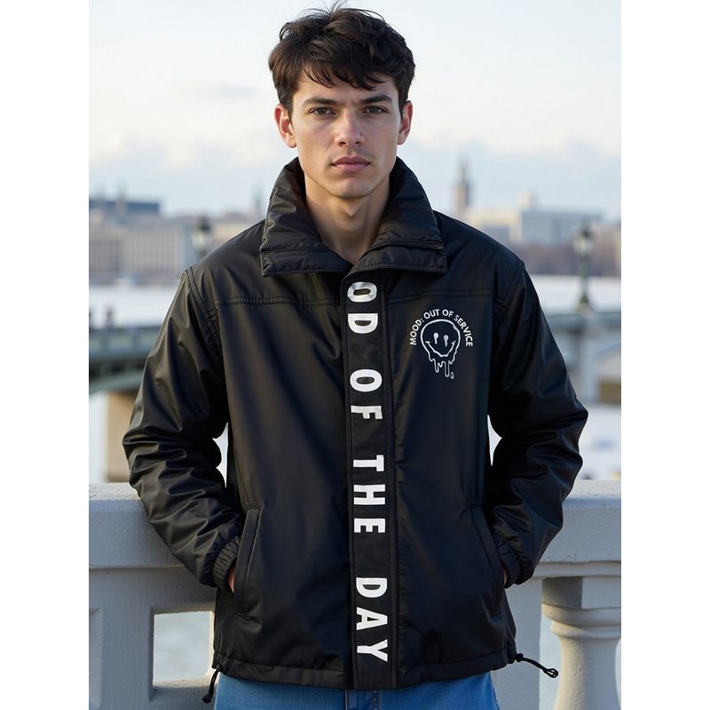 Bewakoof Air 1.0 Men's Black Graphic Printed Oversized Windcheater Jacket (L)