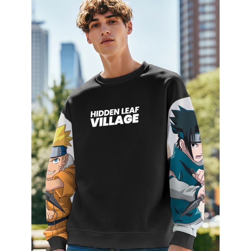 Bewakoof Naruto Men's Black & White Graphic Printed Oversized Sweatshirt (2XL)