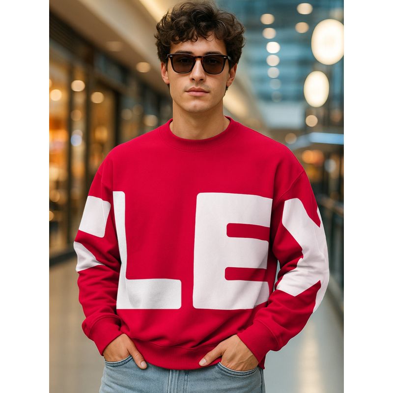 Bewakoof Men's Red Typography Oversized Sweatshirt (XL)