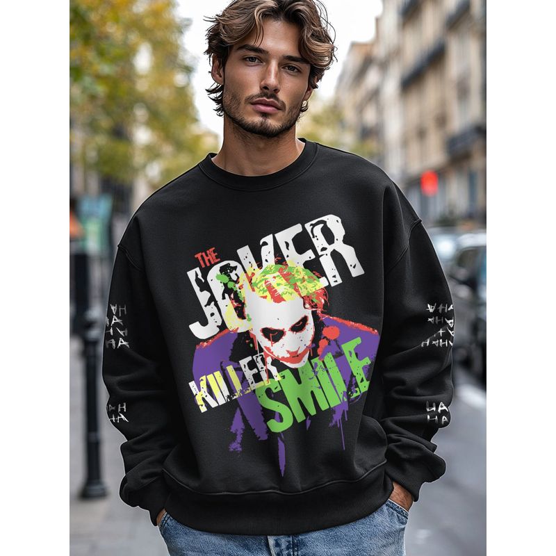 Bewakoof Official DC Men's Black Joker Smile Graphic Printed Oversized Sweatshirt (M)