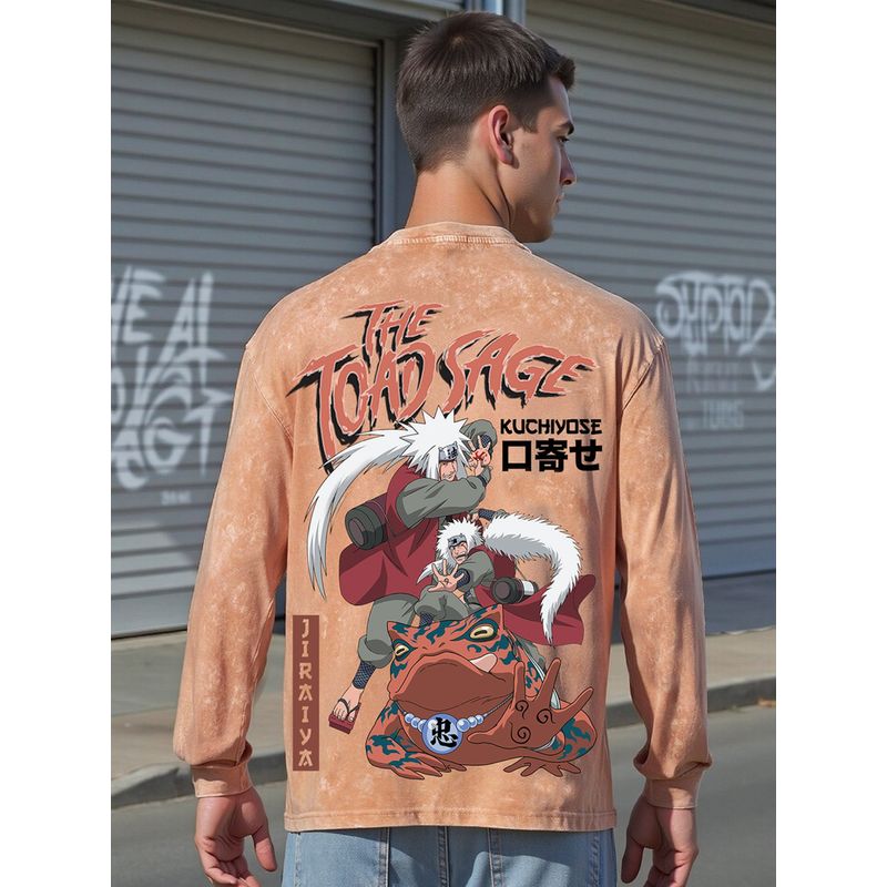 Bewakoof Official Naruto Men's Caramel Orange Toad Sage Graphic Printed Oversized Acid Wash T-shirt (M)