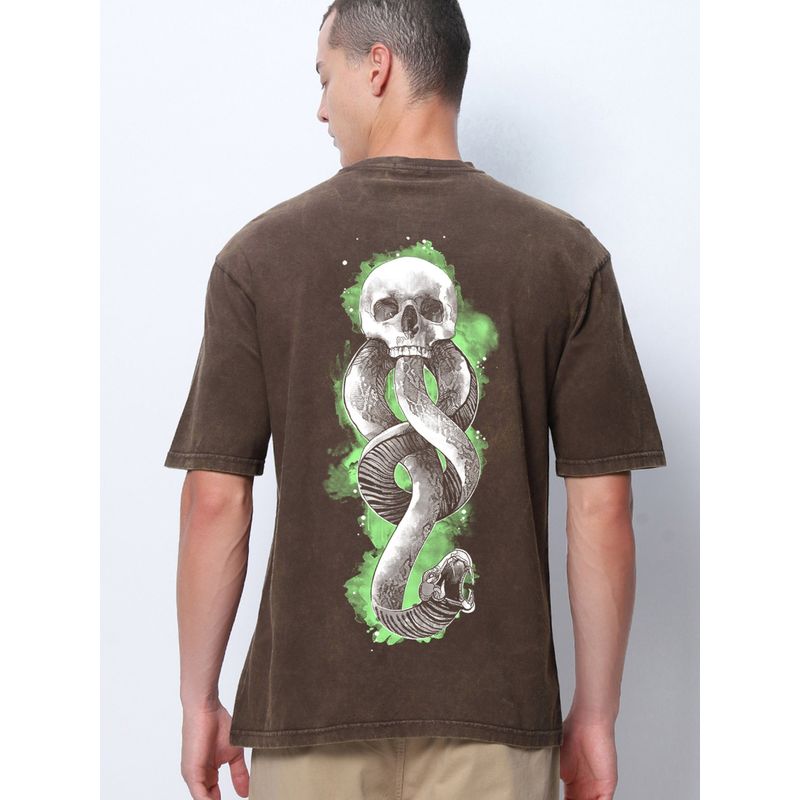 Bewakoof Official Harry Potter Men's Brown Death Mark Graphic Printed Oversized Acid Wash T-shirt (M)