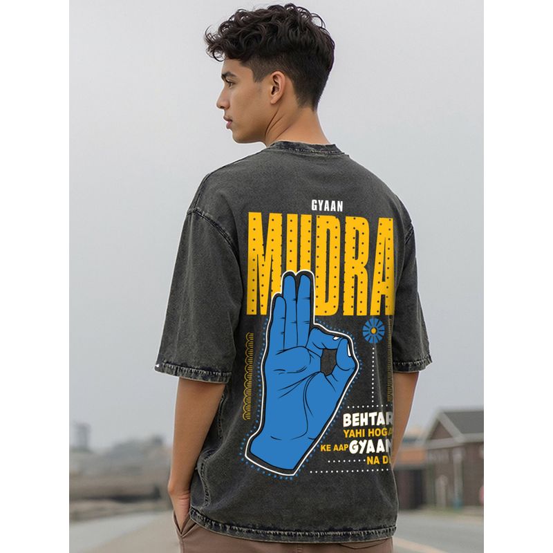 Bewakoof Men's Black Mudra Graphic Printed Oversized Acid Wash T-shirt (S)