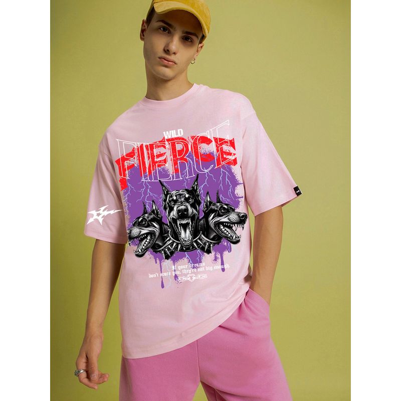 Bewakoof Men's Pink Doberman Graphic Printed Oversized T-shirt (S)