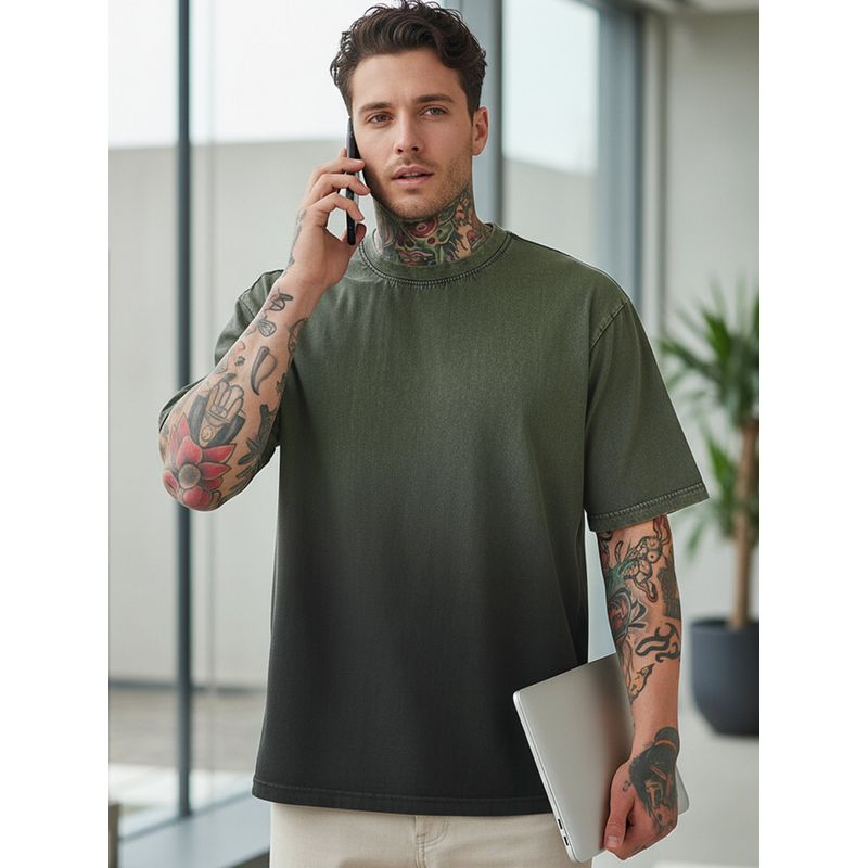 Bewakoof Men's Green Oversized Ombre Acid Wash T-shirt (2XL)