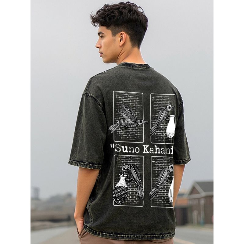 Bewakoof Men's Black Kahani Graphic Printed Oversized Acid Wash T-shirt (XL)