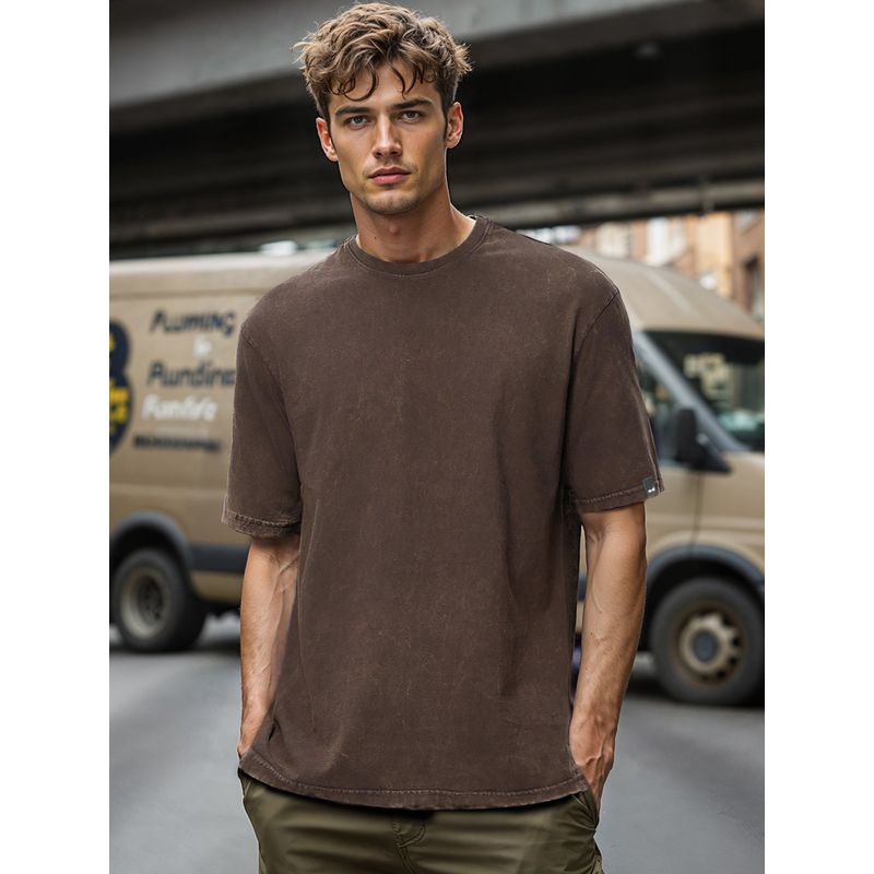 Bewakoof Men's Brown Oversized Acid Wash T-shirt (XL)