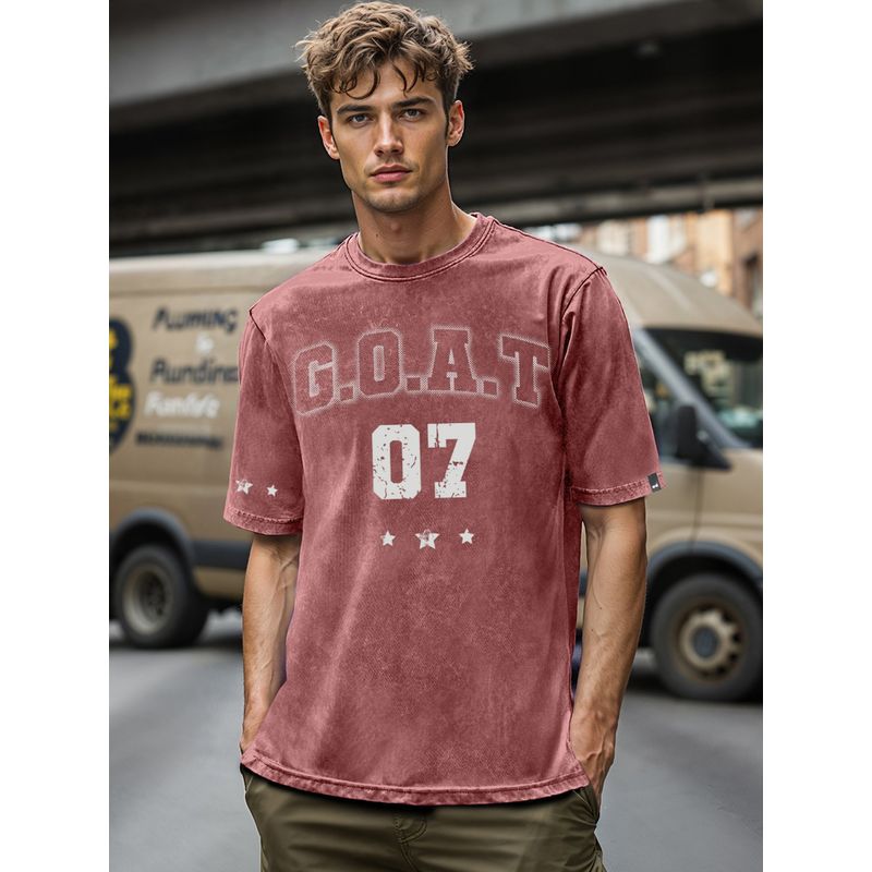 Bewakoof Men's Brick Red Goat 07 Typography Oversized Acid Wash T-shirt (S)