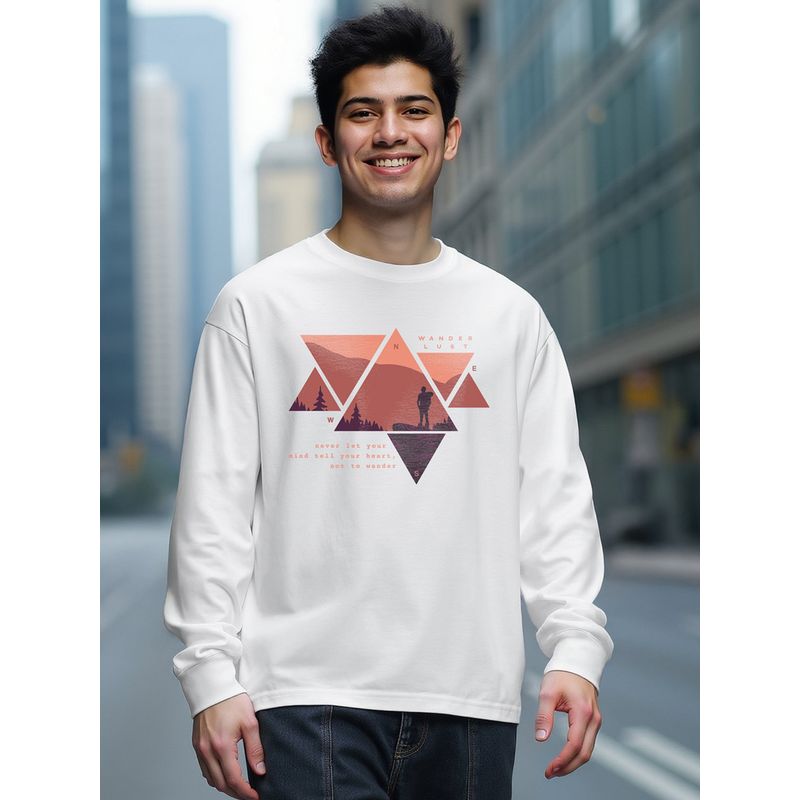Bewakoof Men's White Wander Geometry Graphic Printed Oversized T-shirt (XL)
