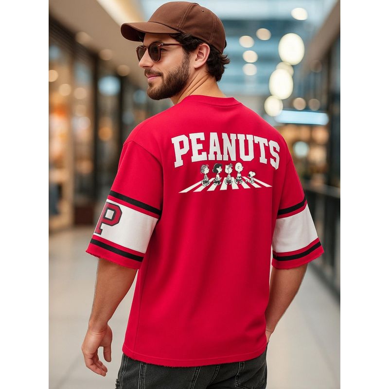 Bewakoof Official Peanuts Men's Red Graphic Printed Oversized Sweatshirt (M)