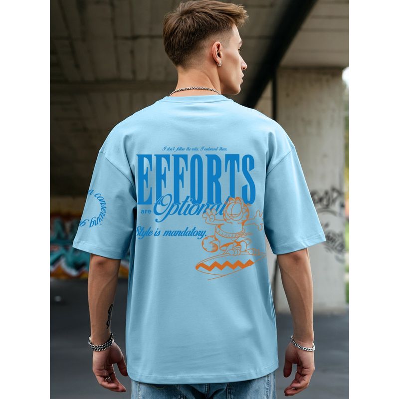 Bewakoof Official Garfield Men's Chambray Blue Style Is Mandatory Graphic Printed Oversized T-shirt (S)