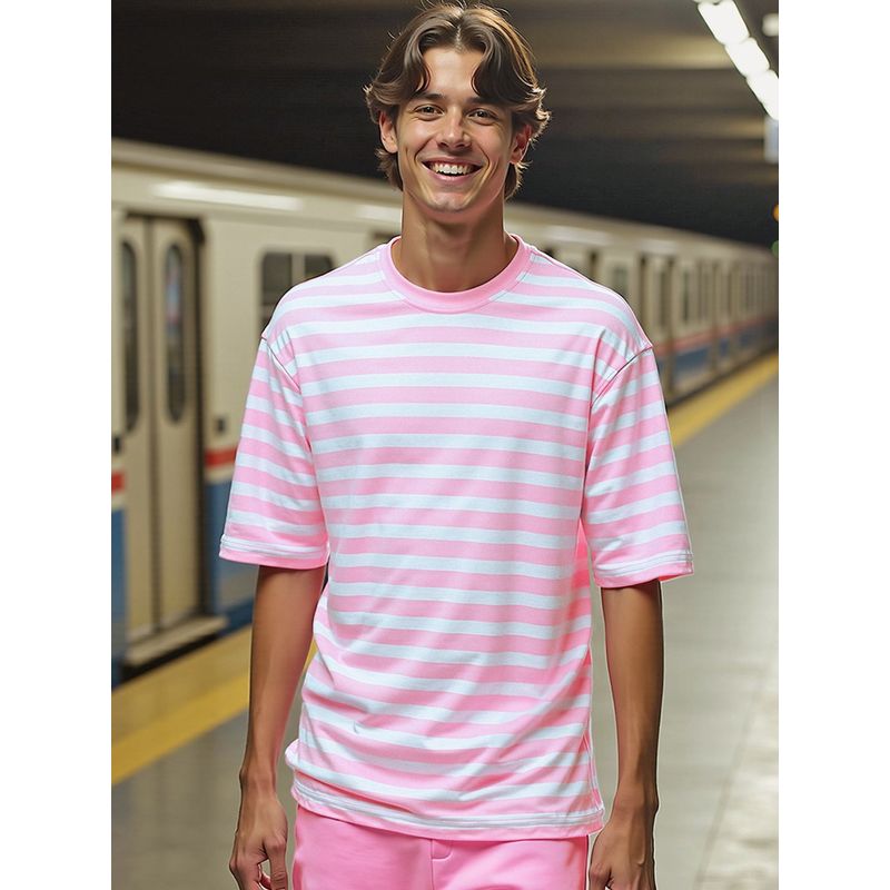 Bewakoof Men's Pink Striped Oversized T-shirt (M)