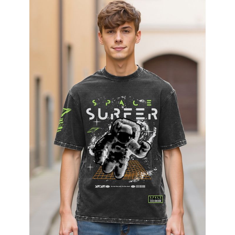 Bewakoof Men's Black Space Surfer Graphic Printed Oversized Acid Wash T-shirt (S)