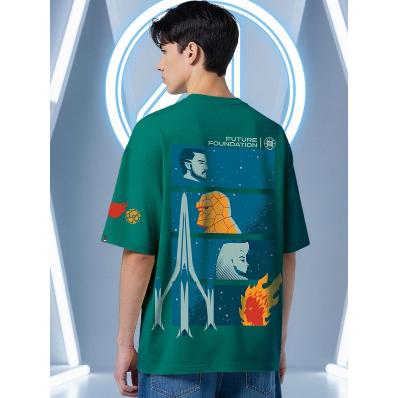 Bewakoof Official Marvel Men's Dark Sea Green Future Foundation Graphic Printed Oversized T-shirt (XL)