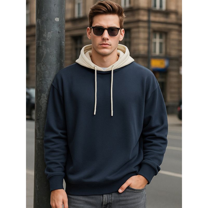 Bewakoof Men's Navy Blue & Beige Oversized Hoodies (M)