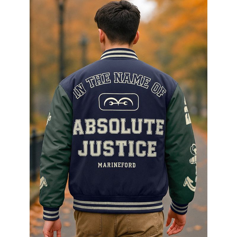 Bewakoof Men's Navy Blue & Green One Piece Graphic Printed Oversized Puffer Jacket (S)