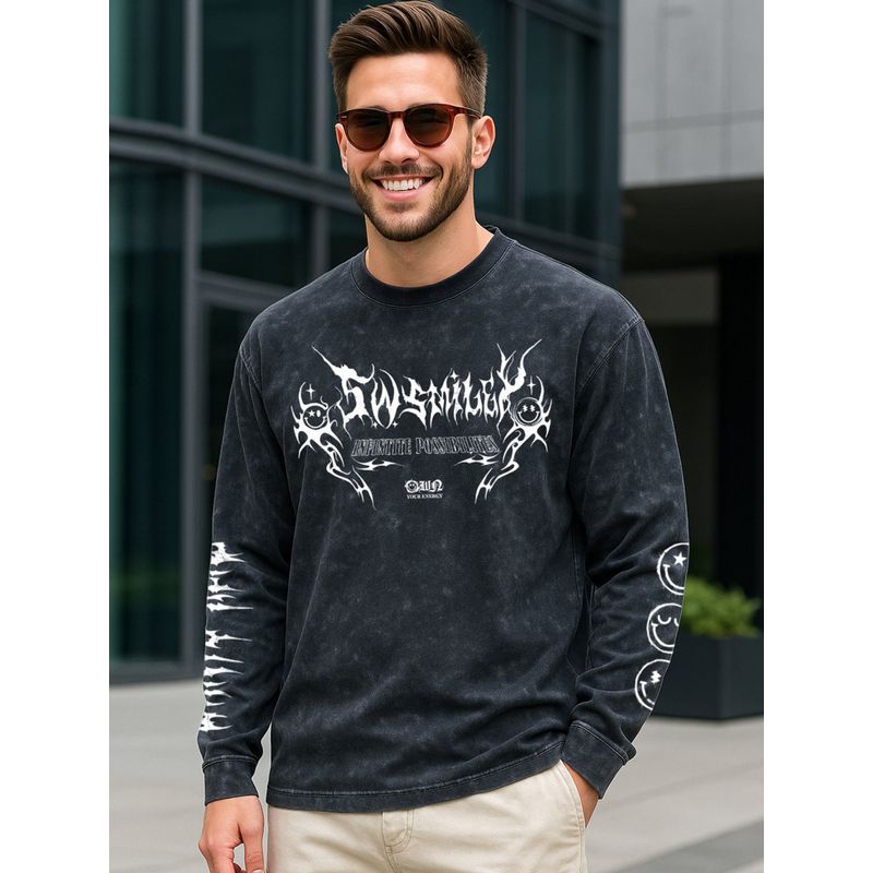 Bewakoof Official S.W.Smiley Men Black Graphic Printed Oversized Acid Wash T-Shirt (2XL)