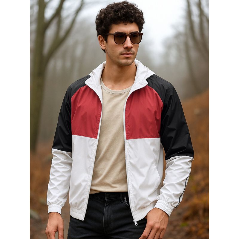 Bewakoof Men'S White Colour Block Hooded Jacket (M)