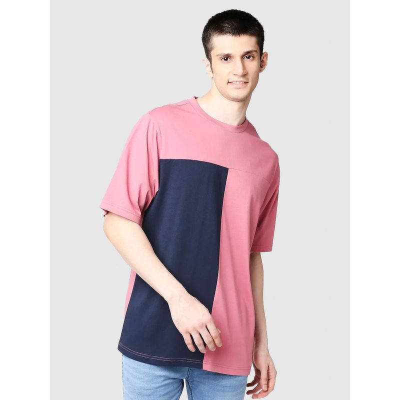 Bewakoof Men's Heather Rose & Blue Color Block Oversized T-shirt (S)