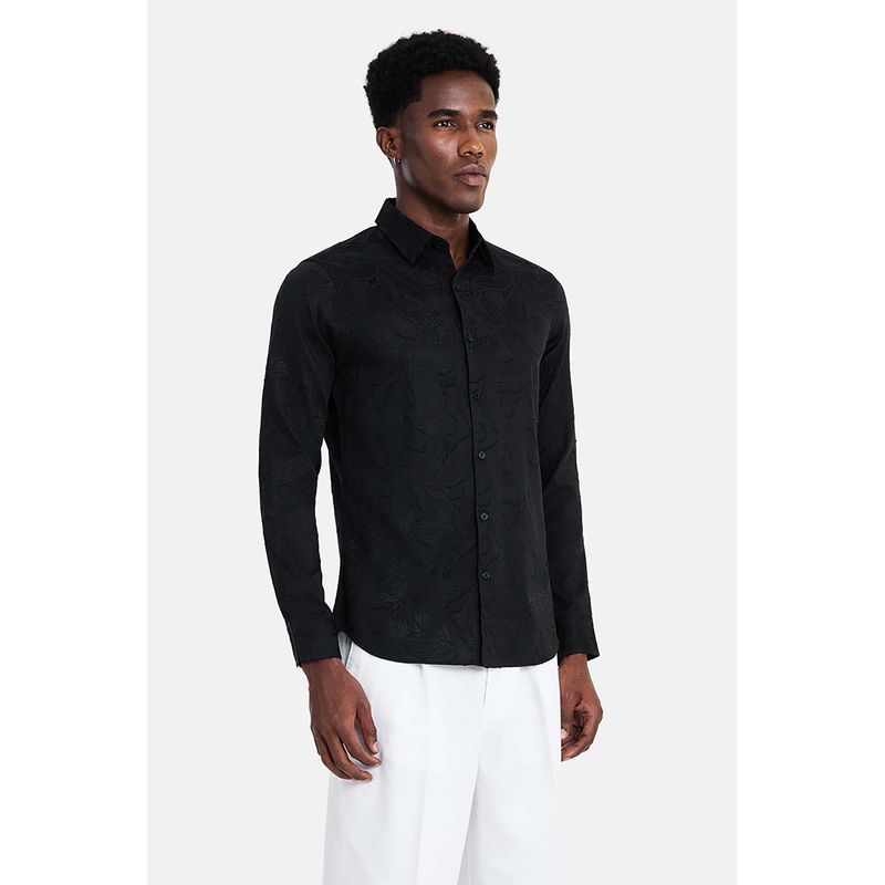 Snitch Black Jacquard Full Sleeves Slim Semi Formal Shirt for Men (XS)