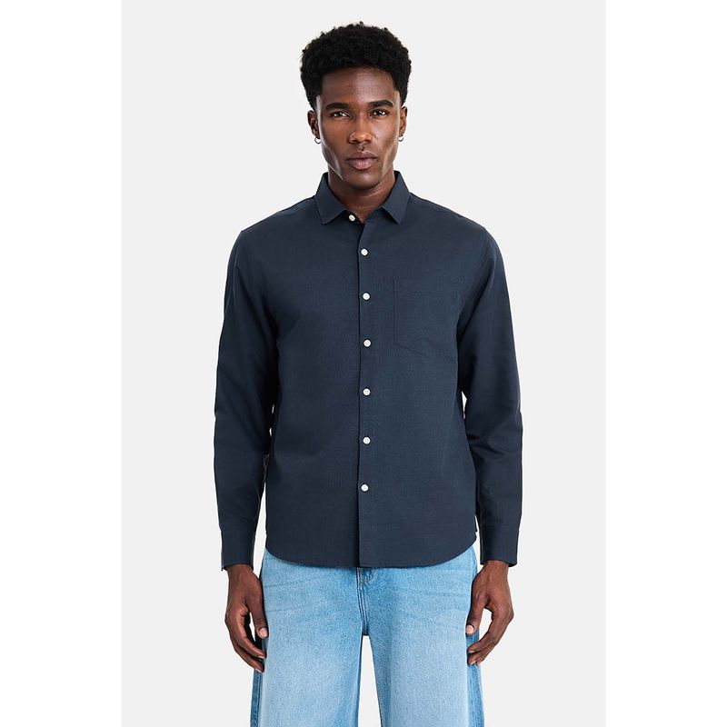 Snitch Navy Blue Textured Full Sleeves Regular Resort/Vacation Shirt for Men (L)