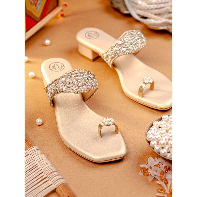 NR BY NIDHI RATHI Golden Block Sandals Heels with Pearl Embroidery (EURO 36)