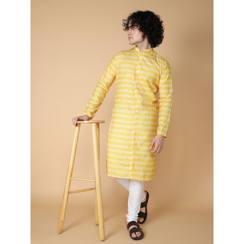 TABARD Yellow Cotton Full Sleeve Regular Fit Printed Kurta for Men (S)